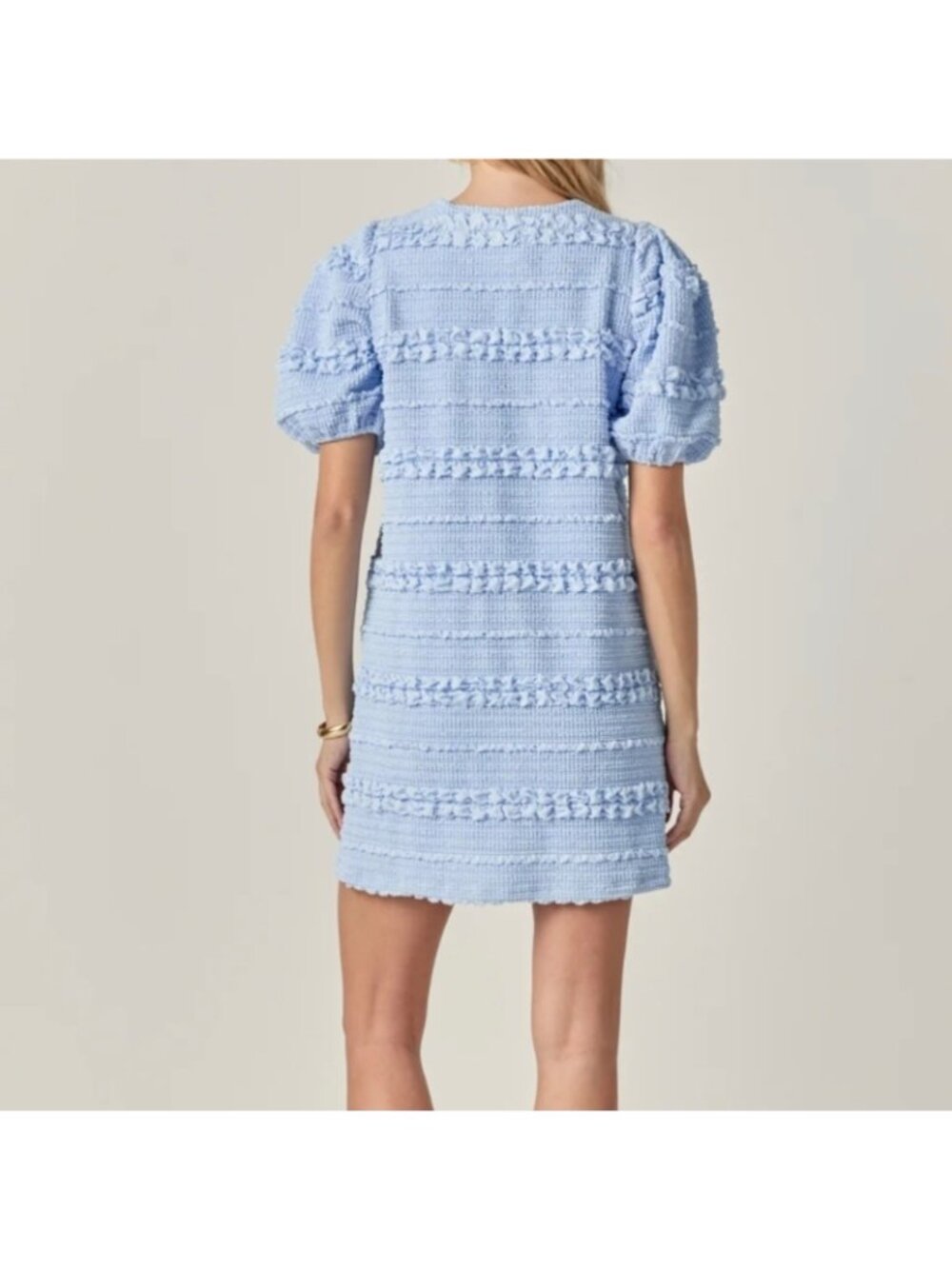 English Factory XS Blue Tweed Textured Mini Shift Dress Puff Sleeve Button $130 - Picture 6 of 8